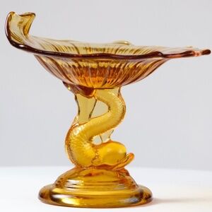 Vintage LG Wright Amber Glass Dolphin Fish Tazza - Serpent Pedestal Trinket Dish